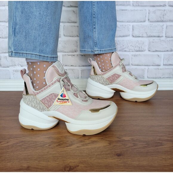 ❤️Michael Kors Olympia Mixed Media Trainer Platform 8M Women Shoes Sneakers Pink - Picture 2 of 12
